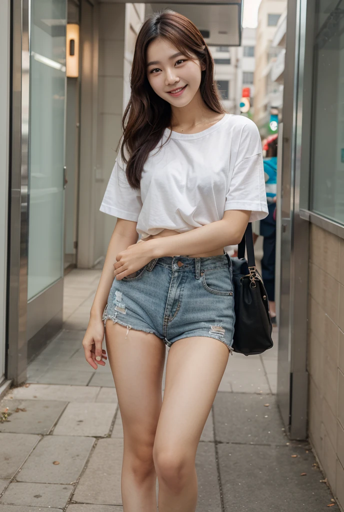 Full body of Japan woman in white t-shirt and denim shorts