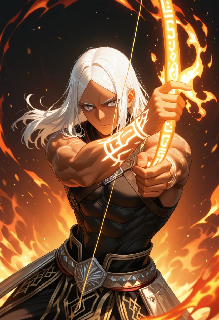 Masculino, pele morena,elf, olhos amarelo,4k,no meio do fogo, Dark kingth armor, Dark fantasy, segurando uma espada,tons de calor