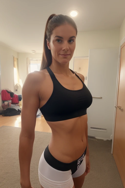 portrait de face d'une femme brune, cheveux bruns ondulés, sport a la maison en train de faire un pompe, habits de sports, haute qualité, 8k