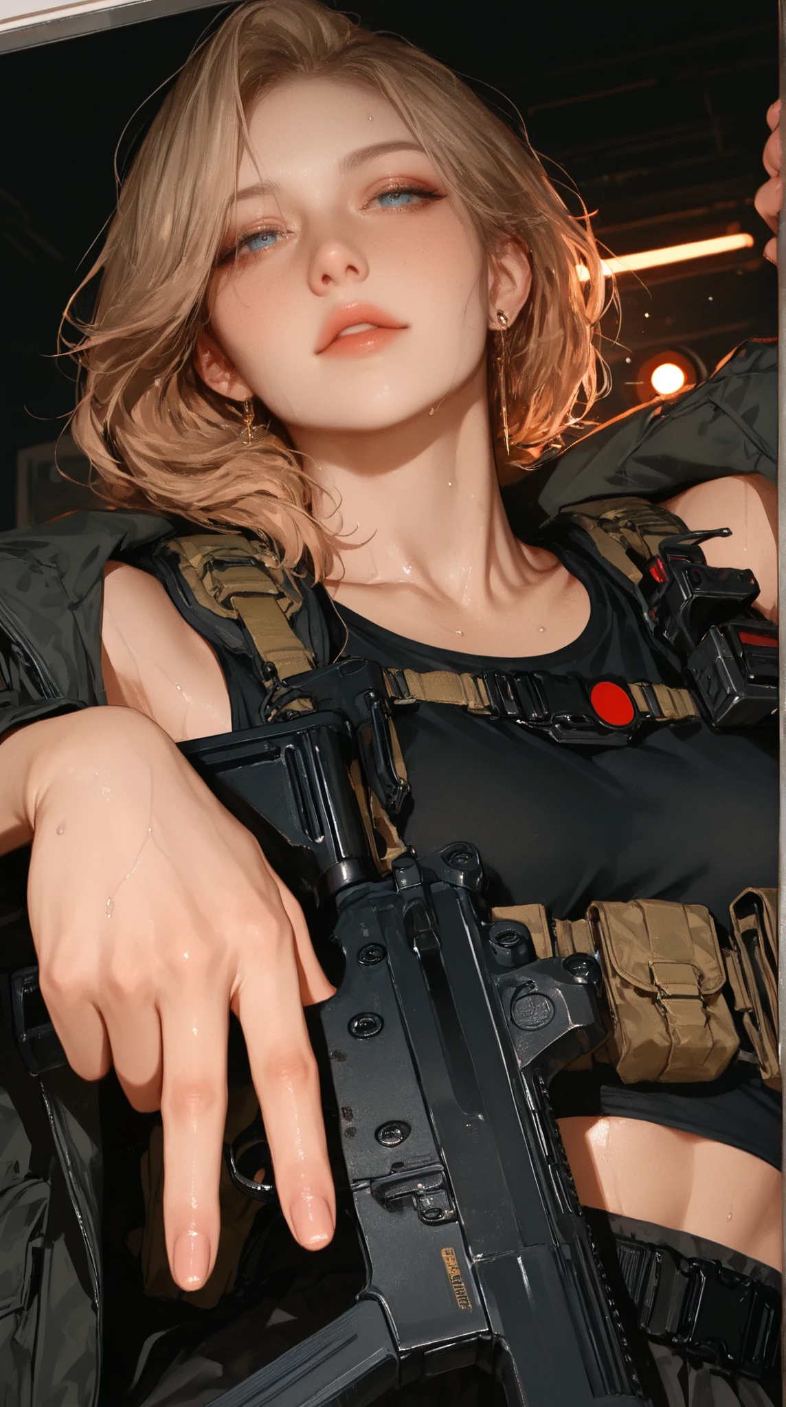 there is a woman holding a gun and wearing a hat, with pistol, with rifle, m4 sopmod ii girls frontline, smg, shooting pose, from girls frontline, girls frontline style, various poses shooting photos, maple story gun girl, shot on canon eos r 5, shot on canon eos r5, with a gun, (((naked breast))),