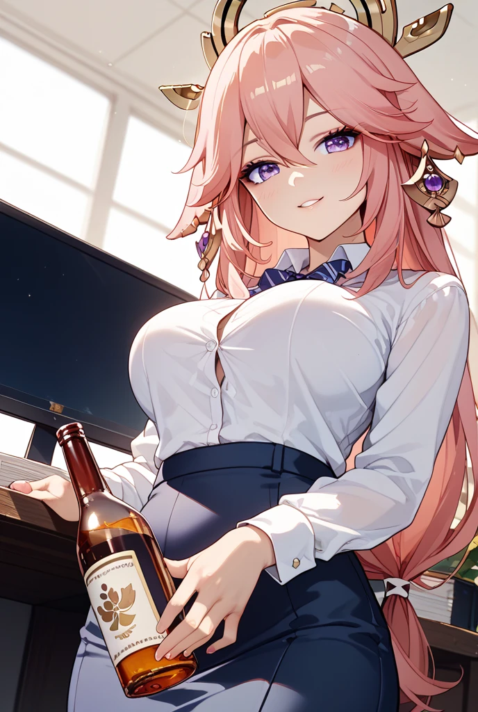 Anime illustration、cyber punk、highest quality、Luxury Casino、Flirt with a man、Plump Dealer、Perfect proportions、overwhelmingly big breasts、Very thick legs、Beautiful, shining eyes、Blushed、smile、Cowboy Shot、Showing off your crotch