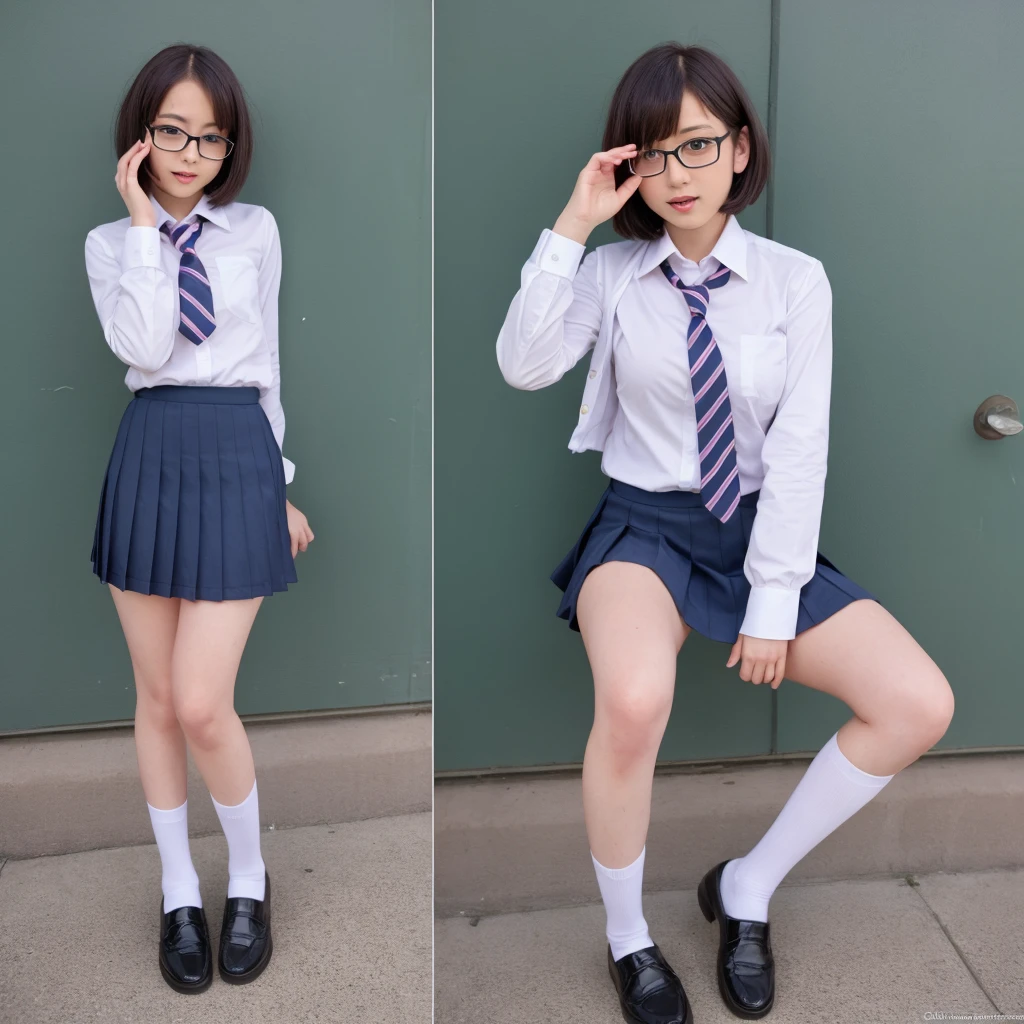alone, solo, underwear, photo of 20 year old woman, fine, hard, cute, panties, Japan woman ((kpop idol)), small, flat breasts, round glasses, full body, anger, lace panties, sitting, panty shot, spread legs, skirt, uniform, red panties, socks, black hair, shirt, blur, blurred background, blue shirt, loafers, realistic, pretty little face, bob cut, brown eyes, black socks, bow tie, pleated skirt, bow, headrest, sideways, outdoor, brown footwear, masterpiece, top quality, super detail,