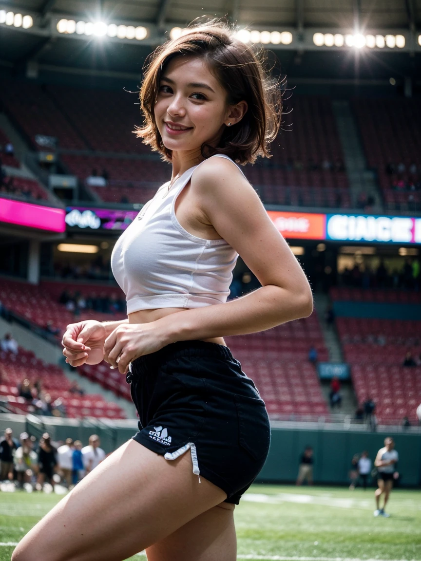 (Photorealistic:1.8, highest quality:1.8,8K masterpiece:1.8,High resolution,Mastepiece:1.8,RAW Photos,Cinematic lighting),No split screen、Stadium、Miniskirt Cheerleader、cameltoe、Back view、Angle from below、Buttocks up、
(Real skin texture:1.3)、(Short silver hair)、Woman's Costume(choker)、Crotch close-up、Spread the genitals、((Perfect female body))、
(Beautiful expression、A rich expression、Open your mouth and cheer、A big smile:1.4)、Dripping Sweat、
Beautiful Face、Beautiful Eyes、Esbian all over、(Random Sexy Poses:1.3、thrust one's hips upward、Stick your hips out to the camera:2.3)、cameltoe、(Immersive atmosphere、Chiaroscuro:1.5、Bright light:1.2、Bright lighting)、Realistic:1.3、Long Shot、The woman is naked、woman is nude、Adult video shoot