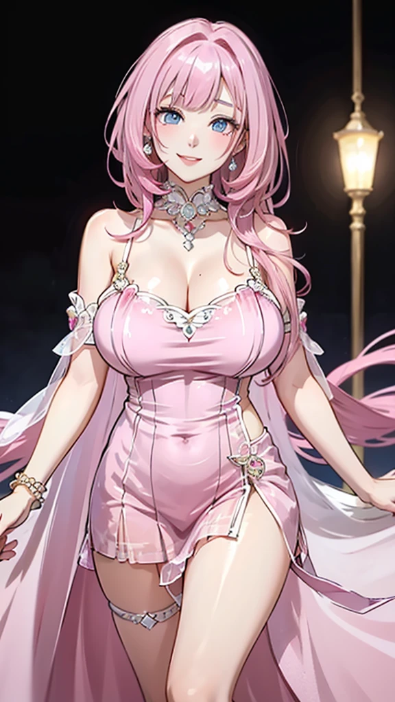 (shoujo-style:1.3),  Kuroume_1024, royal, seductive, seductress, 1girl, (mature female:1.3), adult female, 30 year old,pink hair, long hair, (milf:1.2), (slim body:1.3), tall body, (glowing red eyes), (large breasts), succubus, (succubus tails), (succubus tail in the background), earrings, parted lips, (night:1.3), rose petals, (evil face:1.2), seductive smile, grin, (smirk:1.2), makeup, large lace choker, large necklaces, head tilt, collarbone, sexy pose, indoor, inside royal chamber, pillars, huge lamps, white skin, dress, belly dancer clothes, arabian robe, (robe:1.3), egyptian robe, belly dancer,revealing clothes,(pelvic curtain:1.3),dancer, harem, 1girl, 