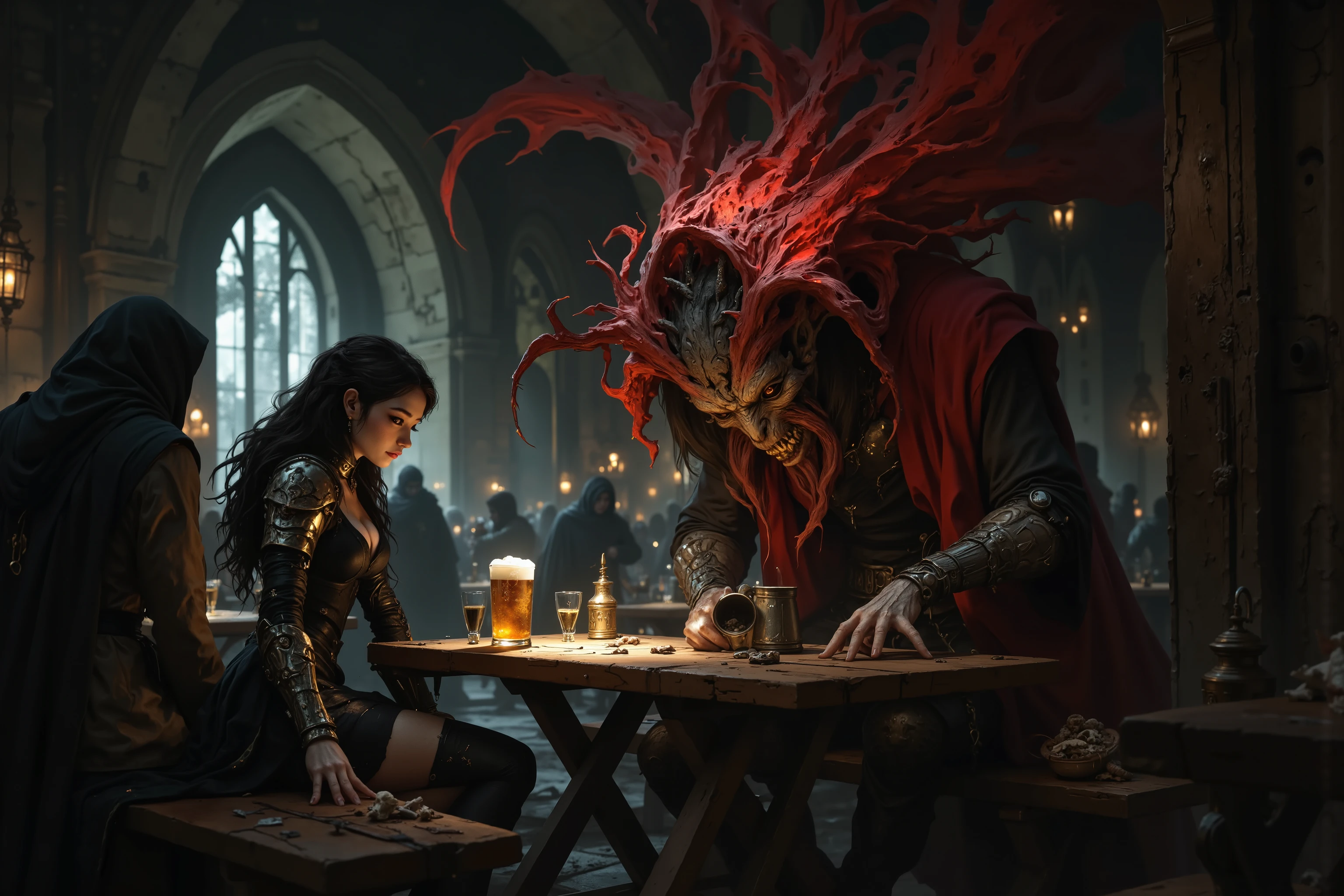 A graceful Asian female elven sorceress, clad in tight layered dark armor and leggings. Sitting at a scarred picnic table in a crowded, rowdy European medieval beergarden surrounded by machine monsters, Her dark hair complements the black ruby and gold elements of Her armor, pale white face skin streaked with dirt, brown eyes haunted and depressed, a sheathed sword weapon propped against the table, clutching a dented pewter tankard of sour beer in a gauntleted hand caked with dried blood, a tattered satchel spilling bones and trinkets at her side, the air thick with the stench of decay and despair. inspired by Noriyoshi Ohrai and Shusei Nagaoka and Robert McGinnis and frank franzzeta and sakimichan and Luis Royo, Eldritch germanic megastructure in the background, RAW, horror
