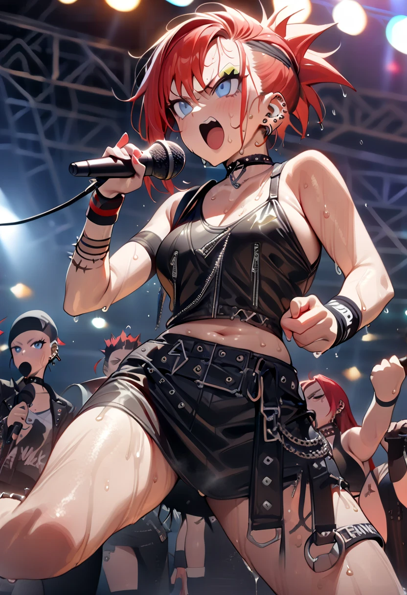 woman, grin, curly red hair in pig tails with ribbons, green eyes, black eyeshadow, wearing crop top black shirt, black jacket, red plaid skirt, black knee high boots, black fingerless gloves, exposed shoulders, large breasts, freckles, abs, cleavage, looking at viewer, masterpiece, best quality, Holo-Punk Style, on stage, rockstar, playing guitar, make up, eyelashes, fish net undershirt, fish net stockings, (full body)