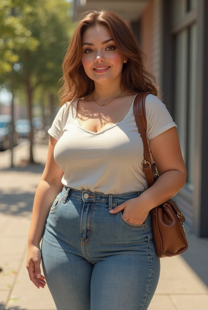Madeline Lewis, 1girl, solo, (((consistent face and image))), ((brunette hair)), ((cranky hair)), ((40 years old chubby)), realistic, photorealistic, ((short hair)), (((Caucasian mature woman))), (Swiss woman), (Swiss nose), (Swiss thick lips), ((chubby)), posing outside the coffee shop of France, smirking, standing, wearing In style in trend Generation-Z modern wear different colored, showing small uncanny teeth