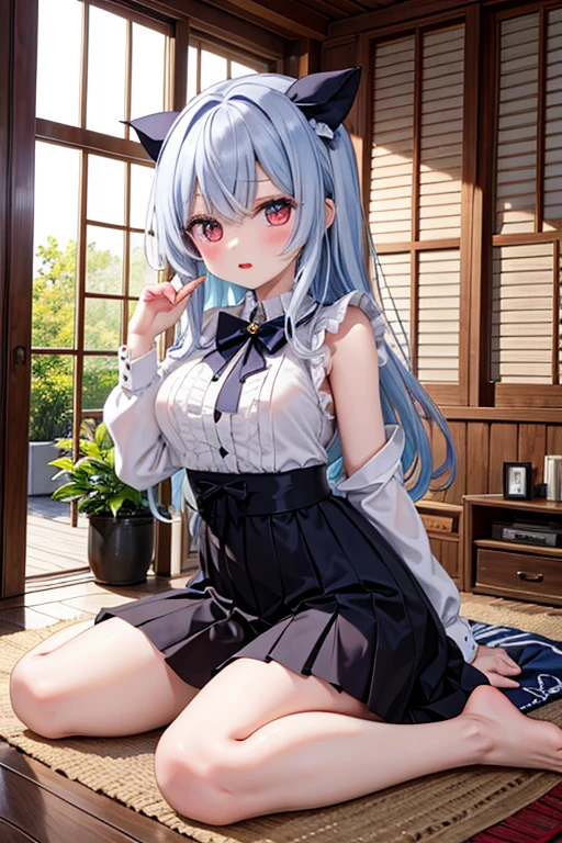 blue hairs,White color blouse,Black pleated hip skirt,Purple is the base color of the background,The face is delicate,The clothes are rich in texture,A girl
