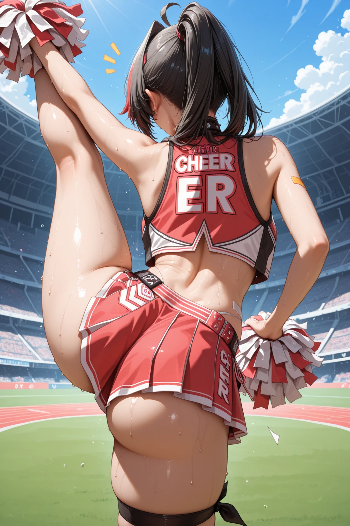 NSFW,(masterpiece, Highest quality:1.2), (((masterpiece))), (((best quality))), ((ultra-detailed)), (illustration), One girl,skinny,straight waist,Small breasts,big butt,blue eye,Twin tails,,Black Hair,Red ribbon,(Shiny skin:2),(chibi), looking at viewer,(blush),,wide eyes,Grit your teeth,(Wet),stall,Festivals,,fundoshi,,tan,tied shirt,high kick,kicking,