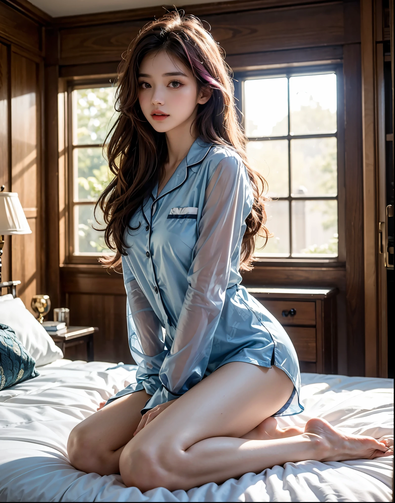 Photo of a 15 year old cute beautiful perfect face petit teen, Russian, in pajama shorts, in bed, thighs thighs thighs thighs, shows full body, legs,