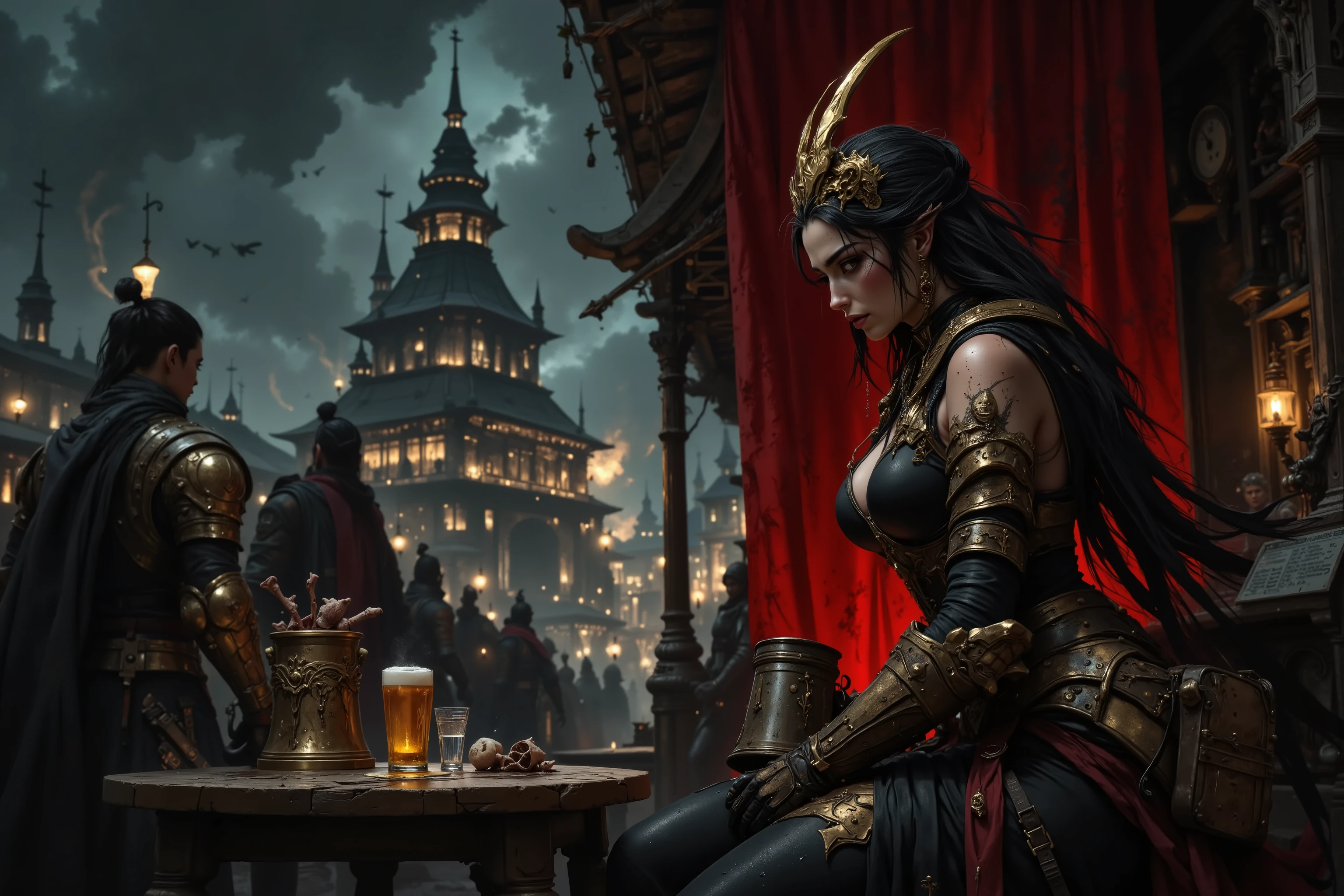 A graceful Asian female elven ninja sorceress, clad in tight layered dark armor and leggings. Sitting at a scarred picnic table in a crowded, rowdy European medieval beergarden surrounded by machine monsters, Her dark hair complements the black ruby and gold elements of Her armor, pale white face skin streaked with dirt, brown eyes haunted and depressed, a sheathed sword weapon propped against the table, clutching a dented pewter tankard of sour beer in a gauntleted hand caked with dried blood, a tattered satchel spilling bones and trinkets at her side, the air thick with the stench of decay and despair. inspired by Noriyoshi Ohrai and Shusei Nagaoka and Robert McGinnis and frank franzzeta and sakimichan and Luis Royo, Eldritch germanic megastructure in the background, RAW, horror