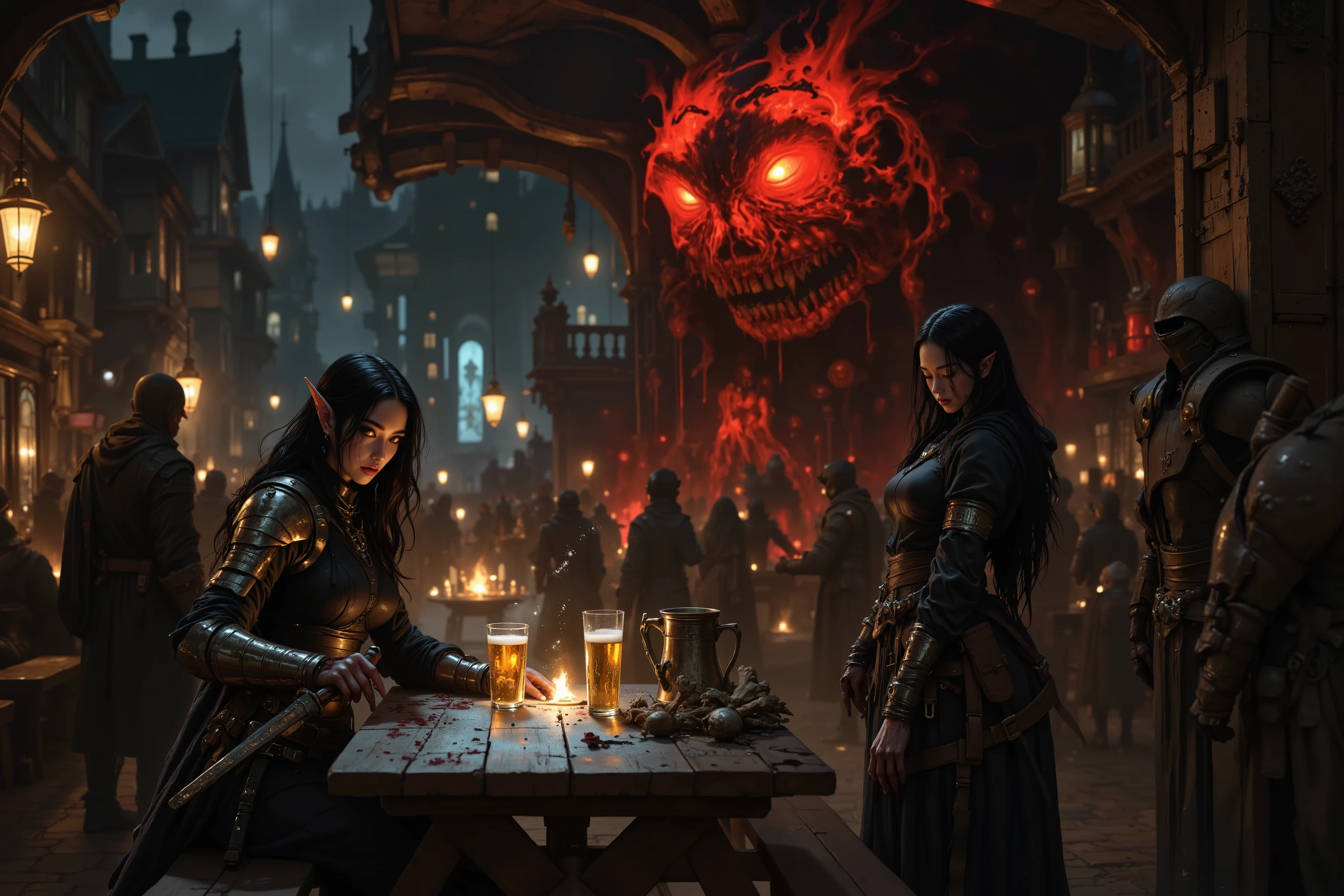 A graceful Asian female elven ninja sorceress, clad in tight layered dark armor and leggings. Sitting at a scarred picnic table in a crowded, rowdy European medieval beergarden surrounded by machine monsters, Her dark hair complements the black ruby and gold elements of Her armor, pale white face skin streaked with dirt, brown eyes haunted and depressed, a sheathed sword weapon propped against the table, clutching a dented pewter tankard of sour beer in a gauntleted hand caked with dried blood, a tattered satchel spilling bones and trinkets at her side, the air thick with the stench of decay and despair. inspired by Noriyoshi Ohrai and Shusei Nagaoka and Robert McGinnis and frank franzzeta and sakimichan and Luis Royo, Eldritch germanic megastructure in the background, RAW, horror
