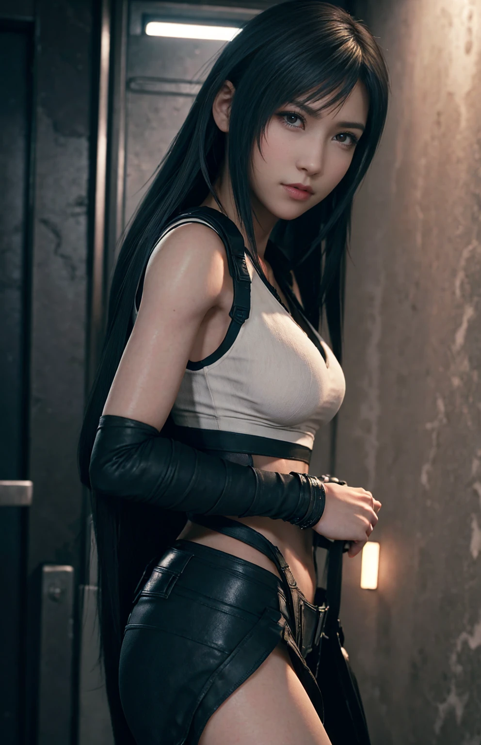 (cinematic, 8k, best quality, masterpiece: 1.2), (realistic, photo-realistic: 1.37), ultra-detailed, soft light, best quality, ultra highres, raw photo in hdr, sharp focus, intricate texture, skin imperfections, 1 girl, cute, solo, raw photo, back, beautiful ass, a hot Tifa wearing a small outfit showing belly, mini stall blouse and black skirt with suspenders, 19yo, camel fingers, Athletic slim body, warm body, bright skin, realistic textures, reflected lighting, volumetric lighting. In the background an abandoned and destroyed place.