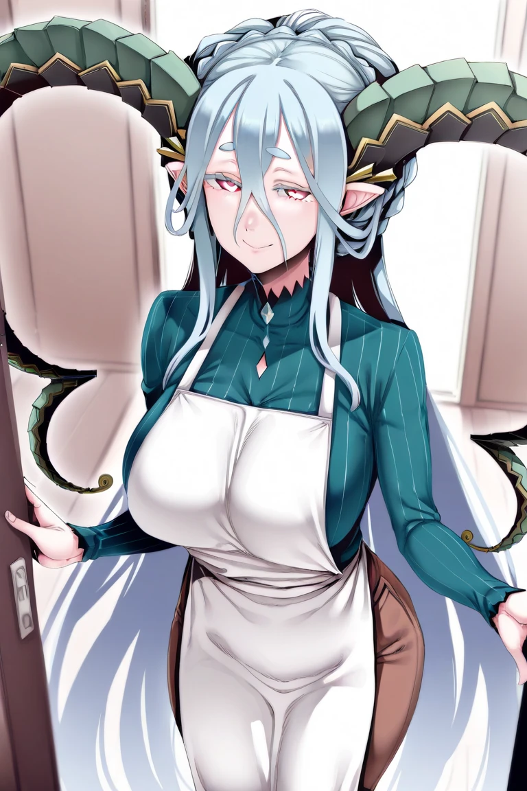 a female dragon anthro in the city wearinga maid outfit, she have blue long hair, orange eyes, curvy horns, large wings and holding a sign saying "welcome master". dragontoonflux, furry, scalie