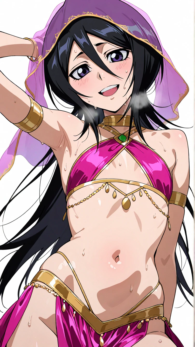 anatomically correct, best quality, masterpiece, high quality, high details, highres, HD, (shaded face:1.2), hollow eyes, grey eyes, looking at viewer, annoyed, blush face, clenched teeth, lips, glasses, black hair, long hair, 1girl, breasts, solo, large_breasts, detached_sleeves, navel, highleg_panties, black_hair, underwear, underboob, purple_eyes, panties, highleg, looking_at_viewer, armpits, arms_up, "RAW candid cinema, 16mm, color graded portra 400 film, remarkable color, ultra realistic, textured skin, remarkable detailed pupils, realistic dull skin noise, visible skin detail, skin fuzz, dry skin, shot with cinematic camera",