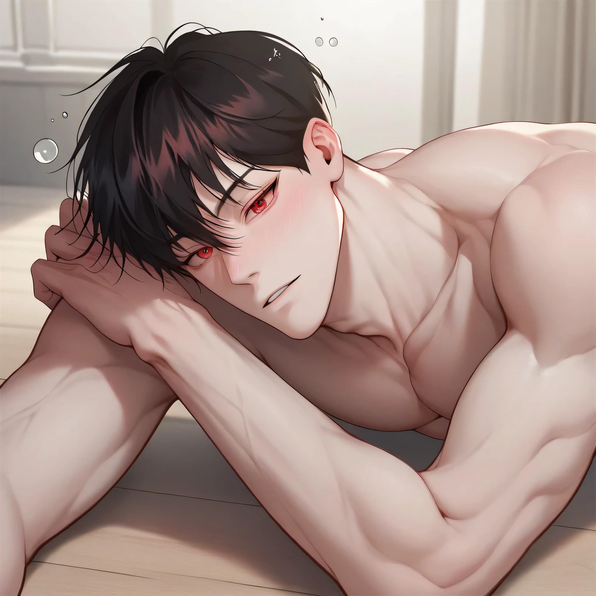 1 man,black-haired man, without horse face, 20 years old /That guy , fine eyes , Red Eyes, white,Pretty cool ,Naked,muscular,Look as a teen,hd,Sleep drunk on the floor