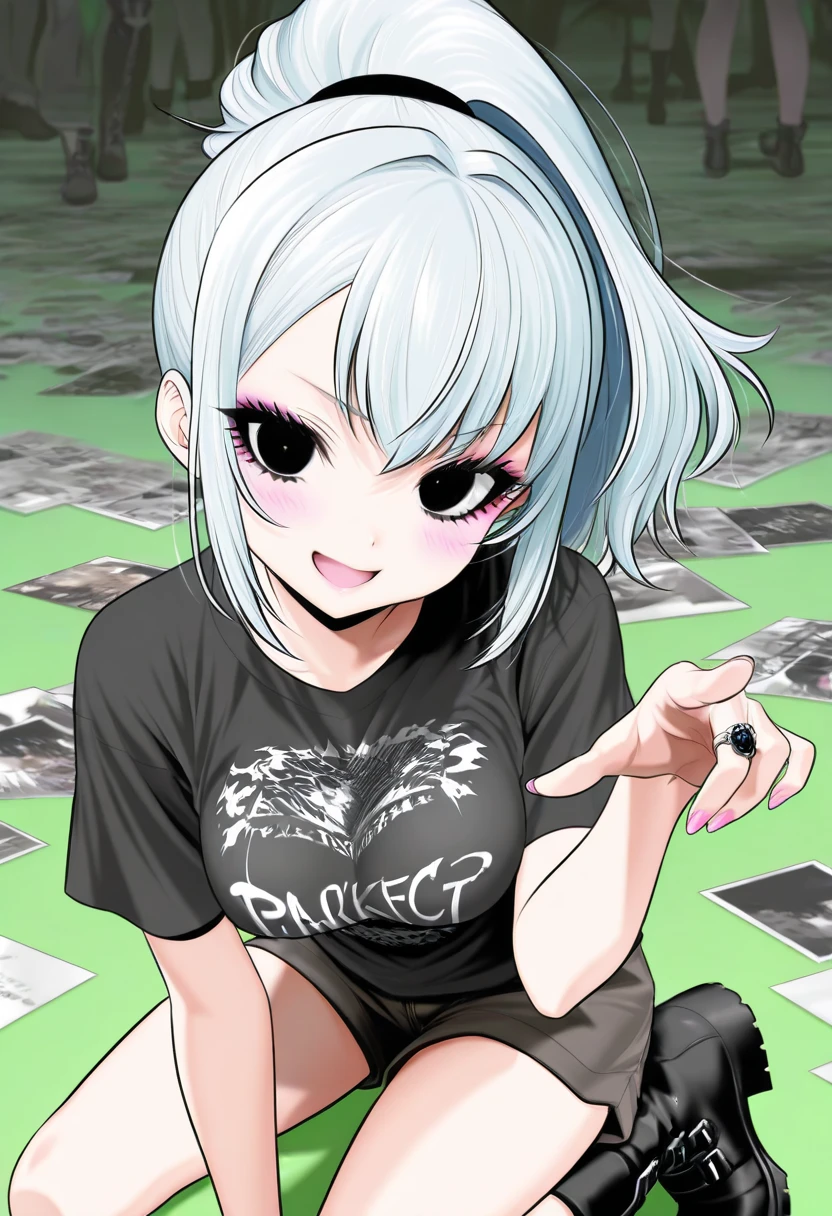 vampire, vampiric, licking blood, insane expression, blood splatter, best quality, masterpiece, highres, 1girl, blood, a lot of blood, blood on clothes, blood on mouth, smiling,, blue hair, gradient hair, green hair, bite, fangs, shoulders, hair ornament,necklace, jewelry, white button-down shirt, loose shirt, holding viewer, biting, Beautiful face,upon_body, two tone lighting,(high detailed skin:1.2), 8k uhd, dslr, soft lighting, high quality, volumetric lighting, candid, Photograph, high resolution, 4k, 8k, Bokeh