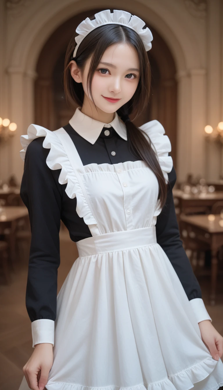 Highest quality, (beautiful)、Extremely delicate eye design、Brown maid outfit、Soft 、Cafe