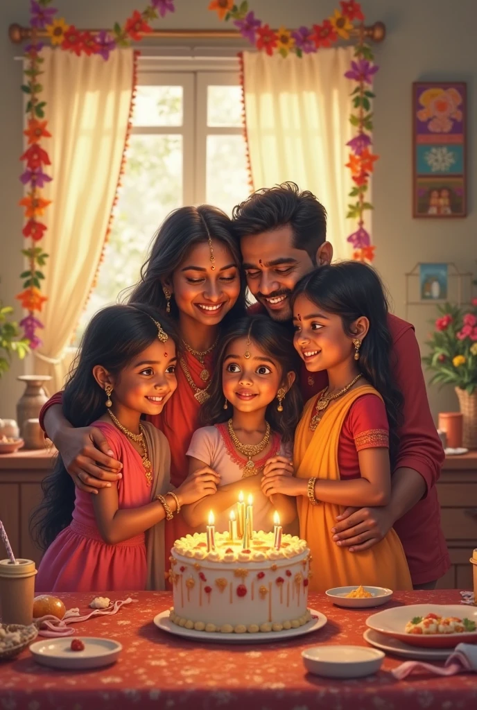 Photorealism A young south indian man with beard and a young south indian woman with their beautiful 1 year old baby girl , there is a photo of the couple on the wall behind which has devi & athul written on it , a cake on the table which says " happy birthday nandhooty ", create something realistic