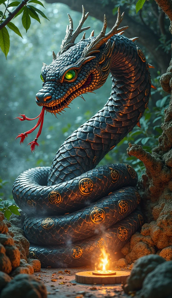 A golden snake with golden veins and edges, in addition to sacred geometries and mystical symbols of golden roses on its black dragon body with golden details with a loving gaze