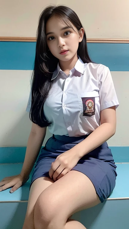 Indonesian face girl, wear skirt, Girl sitting on chair, open crossing leg, seeing panties on skirt, visible white panties