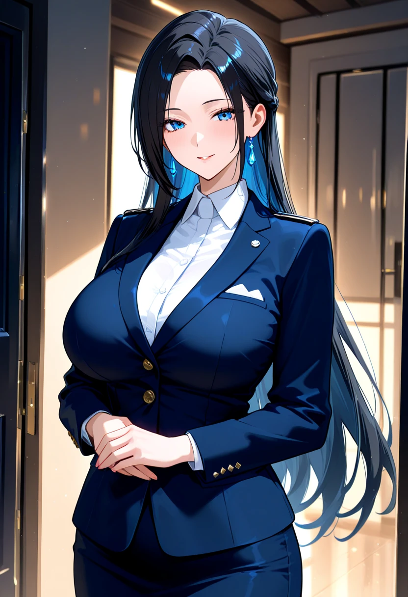(masterpiece), (best quality), (ultra-detailed), ((girl, 29 years old)), an extremely delicate and beautiful, detailed eyes, minute details, (black hair, long hair, straight hair, hair between eyes), ((big breasts)), smile, open mouth, ((beautiful eyes)), (blue eyes), (upper body), she is wearing a blue dress, (detailed clothes), (detailed background, in a hospital, hospital hallway), (monochrome)