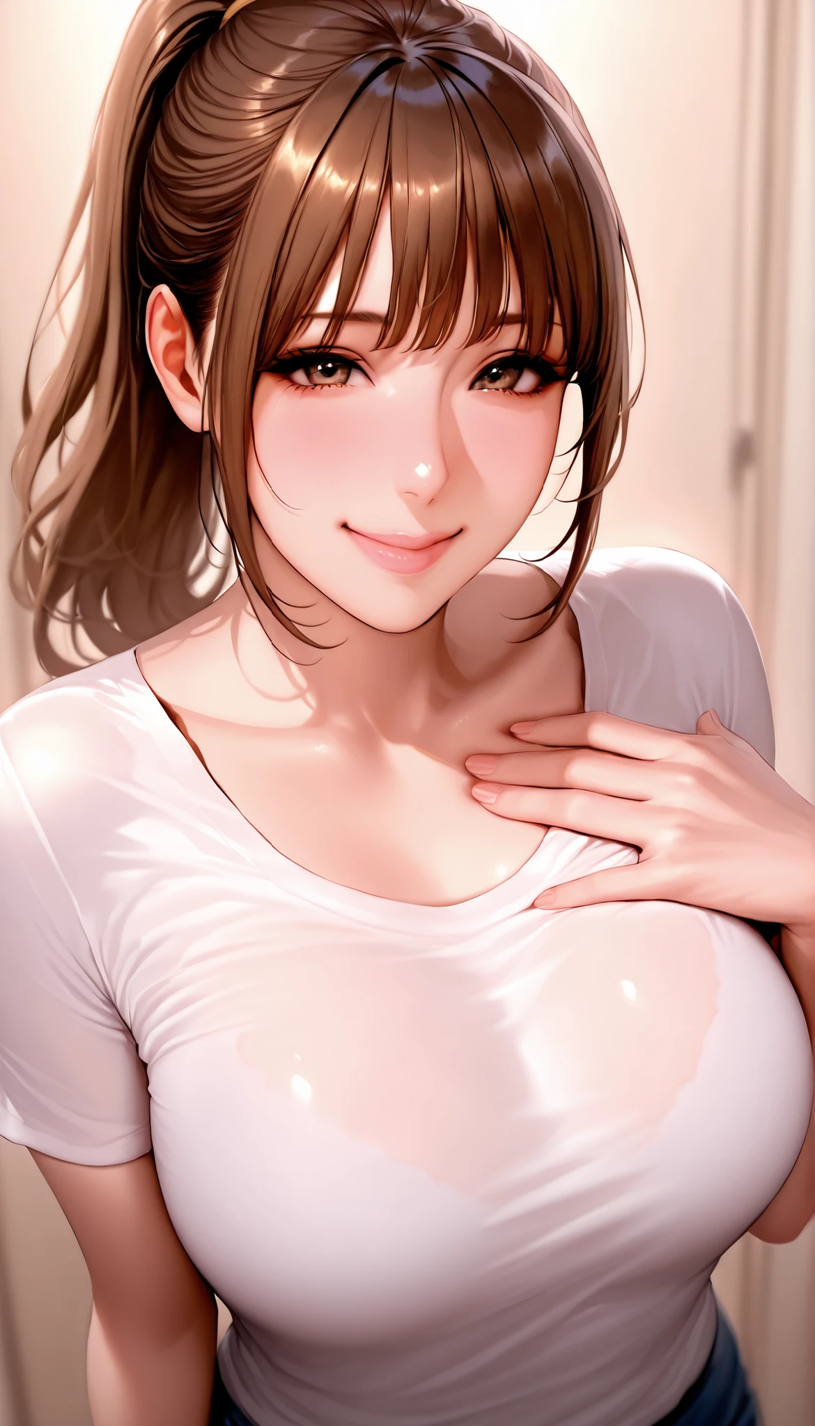 On a break day,Poyo Poyo ,   pink lips,Smile,ponytail,realistic,  On、And I can see my chest through the t-shirt、tempts、put your hand on your chest、