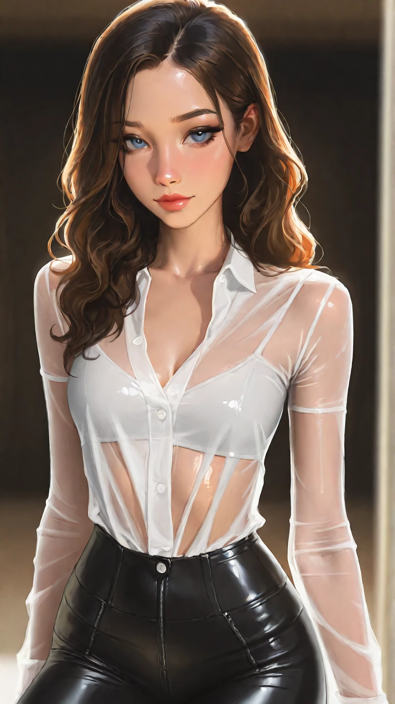 a gorgeous woman wearing a white silk shirt with a deep v neck, brown leather pants, and a belt, cinched waist, dramatic lighting, photorealistic, high fashion editorial