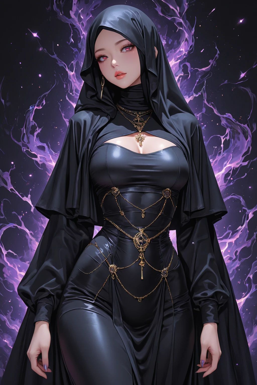 model face, long hair neon, milf, muscular, tall and strong, battle goth nun, sun symbol on skin, sexy nun dress, black red anarelo, filigrams, large breasts and necklines, transparency, reflective, shine, runes