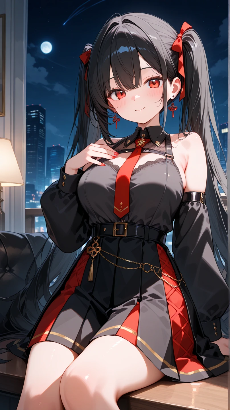 professional artwork, Intricate Details, field of view, sharp focus, detailed painting, photorealistic lighting, trending on pixiv, Standing at attention, black outfit ,yellow collared shirt,black and red bodysuit,skin_tight,black legwear, black pantyhose, Side_boob, black hair,very long hair, Bangs,yellow eyes,makeup, lipstick, 20yo,mature female,Beautiful Finger,Beautiful long legs,Beautiful body,Beautiful Nose,Beautiful character design, perfect eyes, perfect face, looking at viewer,official art,extremely detailed CG unreal engine 8k wallpaper, perfect lighting,Colorful, Bright_Front_face_Lighting, (masterpiece:1.0),(best_quality:1.0), ultra high res,4K,ultra-detailed, photography, 8K, HDR, highres, absurdres:1.2, Kodak portra 400, film grain, blurry background, (Beautiful,large_Breasts:1.4), (beautiful_face:1.5),(narrow_waist), (solo:1.4), ((landscape dimension)), rich detailed makeup, rich detailed eyeshadow, rich detailed lips, rich detailed lipstick