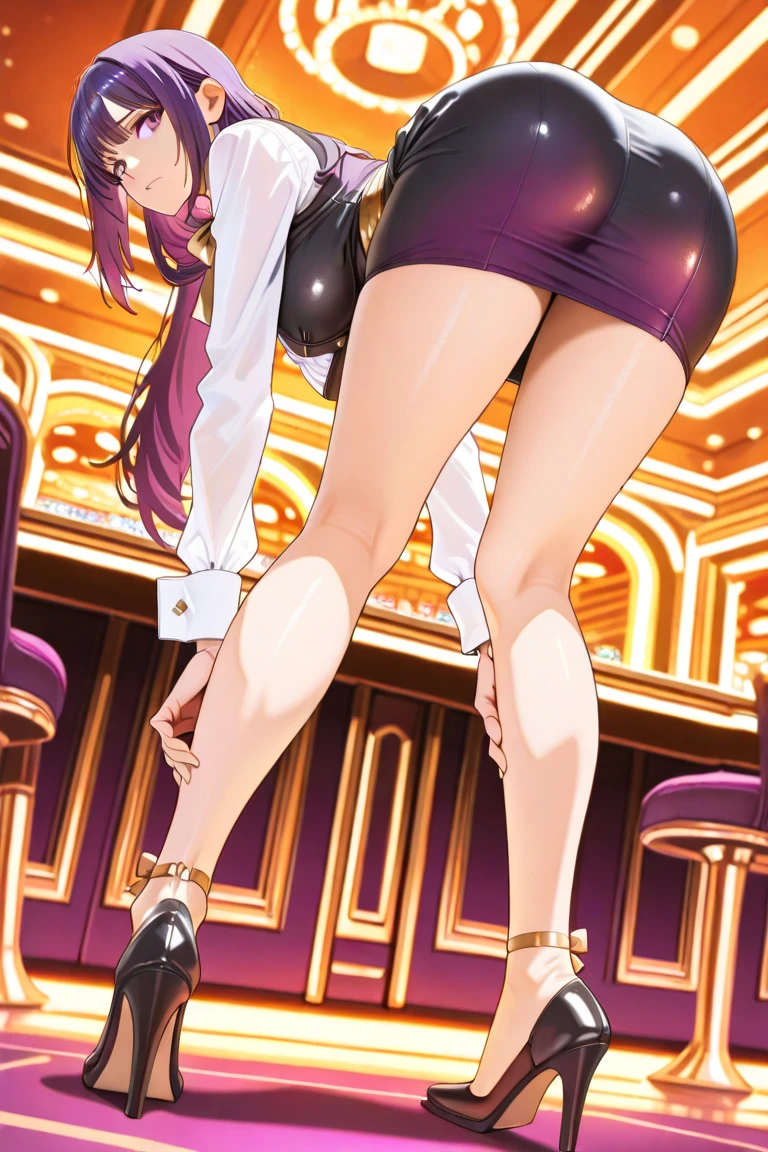 A cute young woman (age 19, cute face, shoulder length straight hair, sexy small outfit, big butt), is a erotic dancer. She is center stage with a sturdy chair. Erotic dance. lewd poses