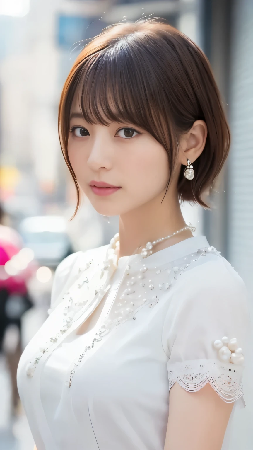 absurdres, RAW photo, extremely delicate and beautiful, masterpiece, Best Quality, ultra high resolution, 16k, hyperrealistic, ultra-detailed, perfect anatomy, super Detailed skin, perfect figure, Very detailed CG 8k wallpaper, in her 20s, very Slim body, narrow waist, very small head, very small face, delicate facial features, tearful mole, earring, thin legs, ((very huge round breasts)), girls, full body shot, short hair, wavy hair, ((business suit)), ((blouse)), (skirt),