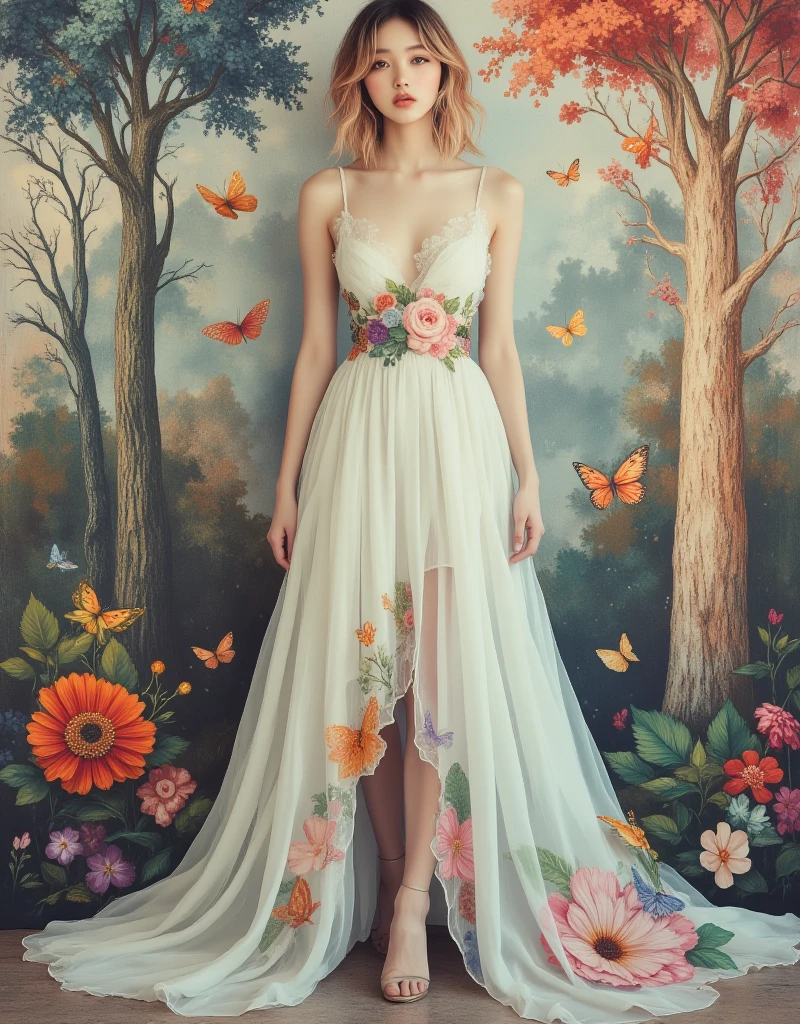 An image of a cloth dress with a drawing of a hummingbird and flowers on the bottom in a chain