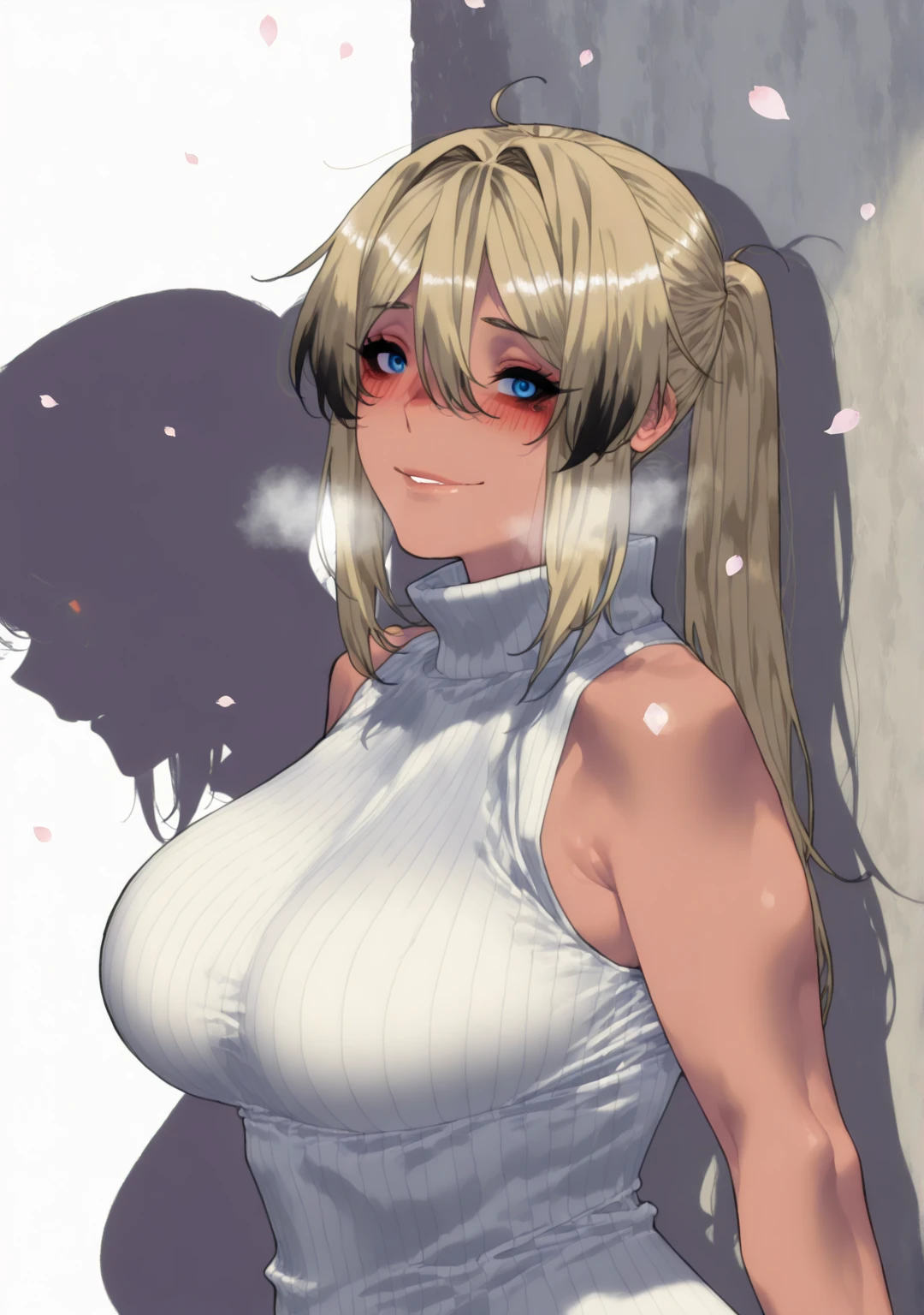 (mimyo-style:1.8), ((Cinematic, unreal engine, eye-catching, ambient occlusion, UHD, masterpiece)), ((dim lighting, soft shadow)), comic, score_9, score_8_up, score_7_up, score_6_up, score_5_up, score_4_up, uncensored, detailed background, vignetting, high quality, absurdres, best quality, very aesthetic, newest, digital art, trending on ArtStation, ((anatomical correct)), perfect body, perfect eyes, perfect fingers, gasping, heavy breathing, gasping profusely, ((skindentation)), ((curvy)), bertrand, dark skin, dar-skinned female, long hair, blonde hair, ponytail, hair between eyes, bangs, blue eyes, big breasts, plum, 1girl, breasts, solo, looking_at_viewer, turtleneck, sweater, sleeveless, smile, ribbed_sweater, bare_shoulders, cherry_blossoms, sleeveless_turtleneck, blush, turtleneck_sweater, upper_body, hair_intakes, closed_mouth, alternate_costume, white_sweater, flower, sleeveless_sweater, parted lips falling petals, shaded face