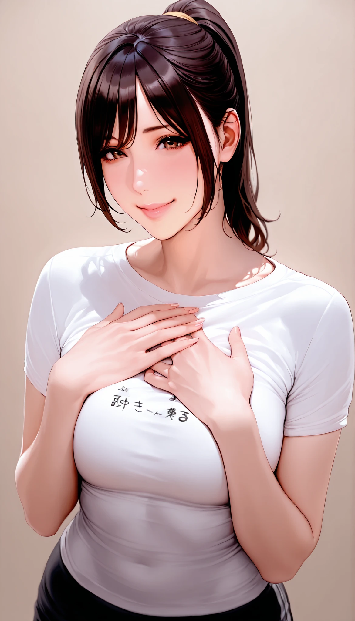 On a break day,Poyo Poyo ,   pink lips,Smile,ponytail,realistic,  On、and you'll see your black underwear through the t-shirt、tempts、Rub your hands on your chest、