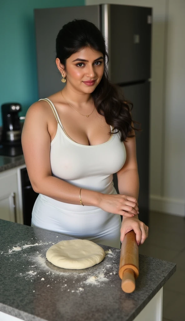 A beautiful, fit Cuban girl with smile with D cup breasts, cleaning house in maid outfit