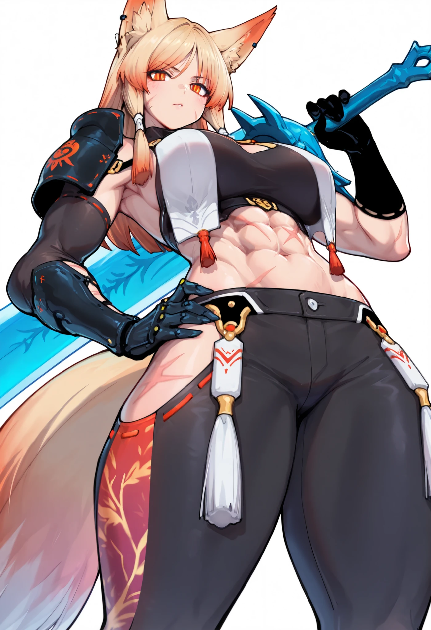 gorgeous kitsune girl, beautiful face, kitsune, gradient hair, ash-purple color color, colored golden inner hair, hunter girl, orange eyes, red slit pupils, personalami style, volputrous body, giant breasts, curvy and athletic, fox ears, short hair, undersuit, black buggy pants with open hips, fox tail, strong female, bare shoulders, light abs, scars on abs and face, fierce look, defined muscular arms and legs, flying giant sword behind, single pauldron, single vambrace, single gauntlet, black hands, athletic lanky body, fox ears, calm dominant expression, hair tubes, long hair, masterpiece, ultra definition, simple white background