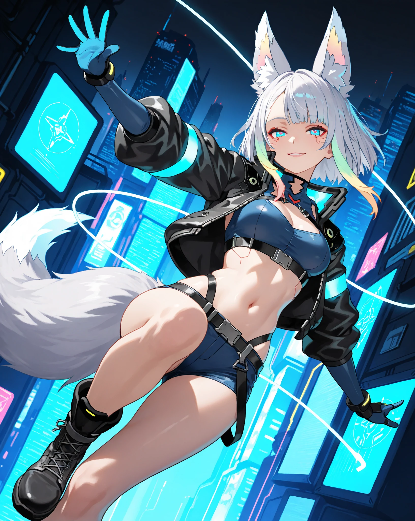 masterpiece, solo, 1girl, Furry, kemono, furry wolf, anthropomorphic, female, blue eyes, (silver fur, silver skin), sexy cyberpunk clothes, sci-fi city, uploaded on e621,