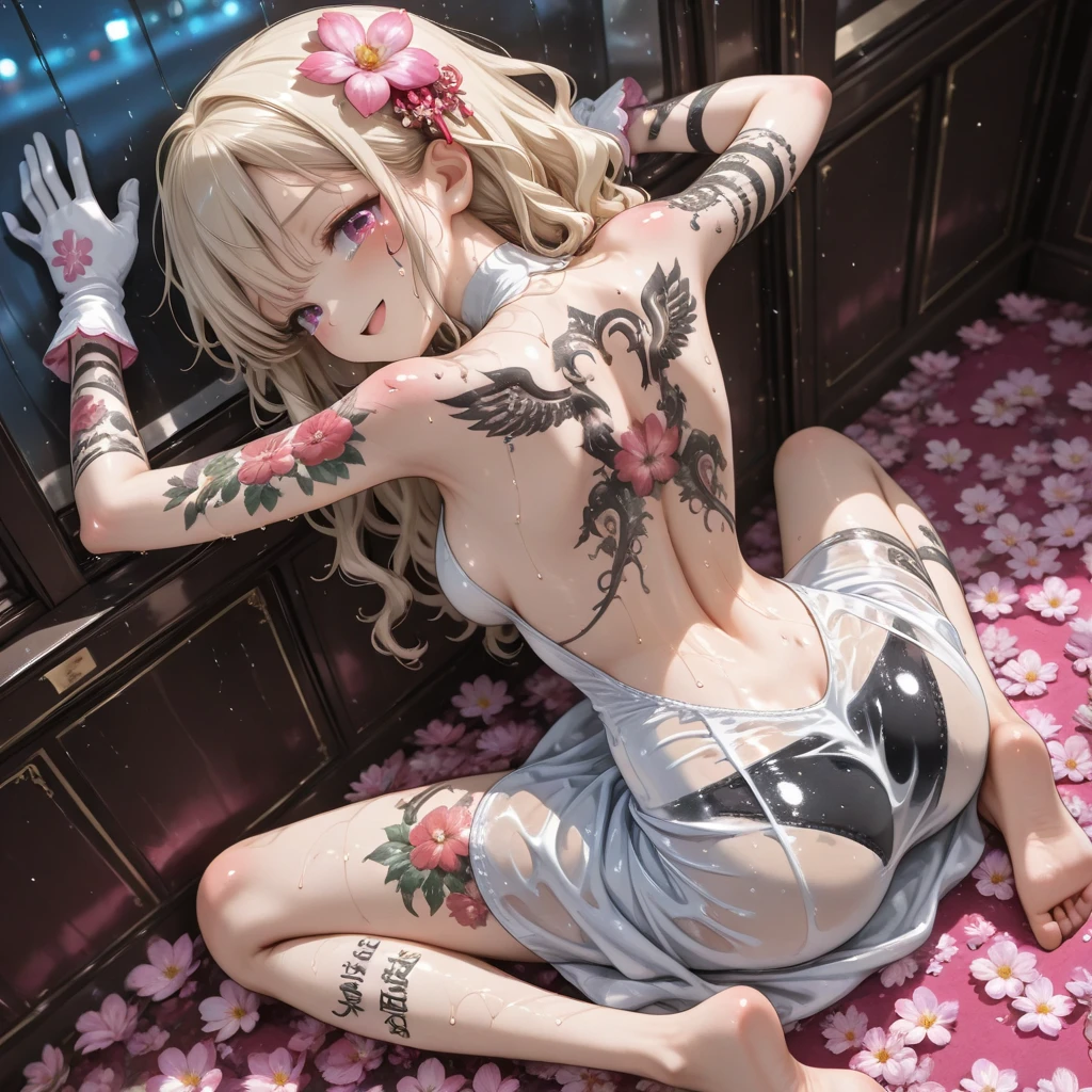 Realistic, High resolution, Soft Light,1 japanese female with slim body, 25 years old, alone, Hip Up, Glowing Skin, (Detailed face),tattoo, fully naked, flower body paint, night, Blonde Hair, Wavy Hair, spouse, Eyes that beckon, The spouse&#39;s perspective, Attractive look, Sexy smile, Perfect Style, Perfect balance, Fine skin, Naughty look, I can see your chest, huge firm bouncing bust, sweet room