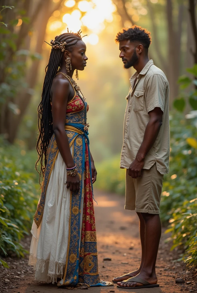 Create A realistic photo of an intimate and emotional scene of Ndulu (a young and beautiful African princess with deep brown skin and warm golden undertones. She should have long, intricate braids adorned with beads and cowries, symbolizing her royal heritage. Her large, soulful brown eyes should reflect a mix of strength, sorrow, and the beginnings of rebellion. Ndulu should be dressed in vibrant, traditional African attire with rich patterns in deep reds and golds, adorned with gold jewelry. The background should feature elements of the village, with hints of lush greenery, symbolizing her connection to her roots.") and Silvano (a tall, well-built white missionary in his late 20s to early 30s. He should have short dark brown hair, piercing blue eyes, and a kind yet determined expression. He is dressed in simple missionary clothing—a white linen shirt with rolled-up sleeves, dark trousers, and a plain wooden cross around his neck) meeting in secret under the moonlight in the dense forest surrounding Ozioma. Ndulu, a beautiful African princess, should be wearing a flowing traditional gown with intricate patterns and deep, vibrant colors. Her long braids are adorned with beads that catch the moonlight. Silvano, a tall, well-built white