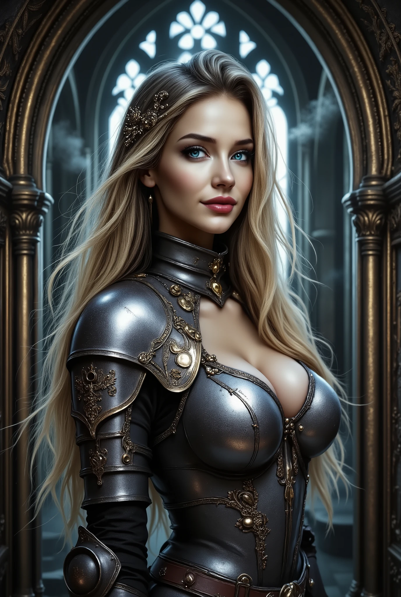 outfit: full body chainmail armor, chainmail coif, Best quality, A high resolution, anger face, disclosed cleavage from chainmail armor, hyper photorealistic, Photorealism, 32K, photograph, Cinematic dark photo portrait of sexy woman, Full body shot, picture of whole room, realistic shaved armpits, leaning forward pose on the sofa seat with open legs widely, exposed ultra huge breasts from chainmail armor, (Long messy hair:1.3), perfect body type, highly detailed hard surface modeling texture, (a dark night, Apocalypse, in the shabby and messy basement without windows), medieval abandoned houses, detailed figure, Detailed face, fearless smile, (dark hue:1.4),