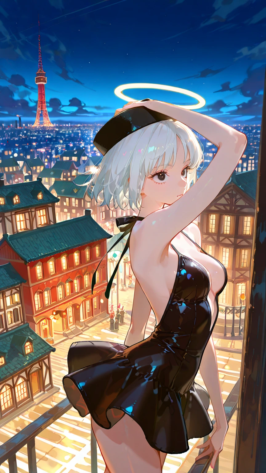 A girl stands on the rooftop of a high-rise building with a panoramic view of late-night Tokyo below.、She has a short bob with a white lob of hair and wears a large black witch hat with sapphire jewelry.、A high school student wearing a navy blue bikini-type swimsuit with a white ribbon、She wears a large witch&#39;s hat with a small sapphire accessory、A few star creams、Beautiful starry sky、Beautiful night view、large witch's hat 、Navy blue bikini pants that dig into your stomach、Small breasts、Small breasts、Navy blue swimsuit top with white frills、I see my stomach、The area around the stomach is bare skin.、Belly button、Halterneck bikini、She is wearing hot pants