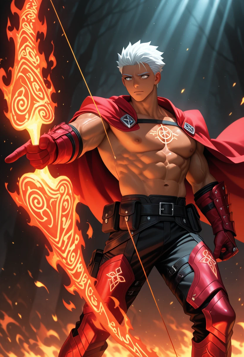 Character with tattoos on his face with a long sword on fire with a crazy smile on his face