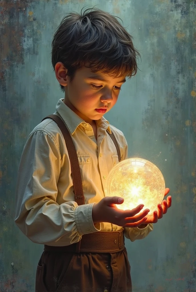cartoon of a boy holding a glowing sphere, he is casting a lighting spell, inspired by Un'ichi Hiratsuka, [ 3 d digital art ]! Emerging a light of power from the hand