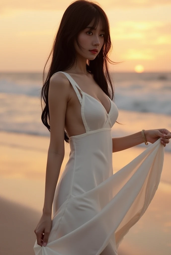 big breasts, round breasts, wearing bra inside ao dai, slim figure, beautiful figure, big breasts, ponytail, sharp 8k quality photo, ((beautiful, sharp, balanced face details) for )), ((beautiful breasts, exposed cleavage, plump body), ((beautiful sparkling eyes, sharp eye details, beautiful face)), at the beach there are many bikinis, white sand beach, sea water blue, many people at the beach((super beautiful body with high details, toned body with big breasts and slim waist)), ((thin cleavage, round breasts))