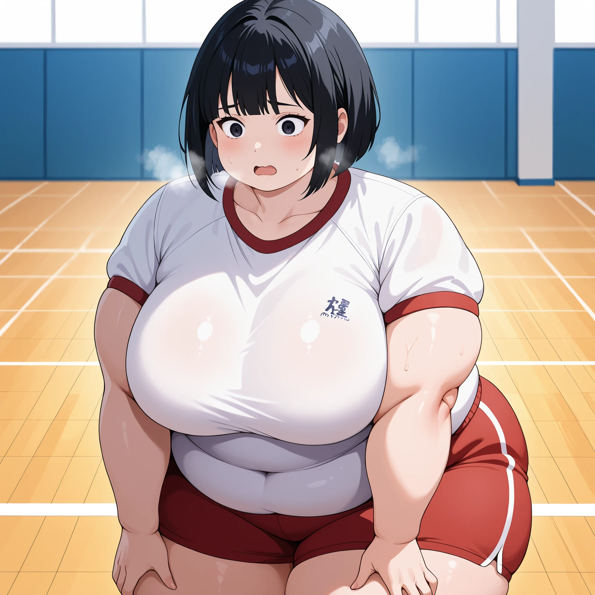 One girl stands hunched over,solo,mayahell,black hair,dark eyes,bob cut,white gym clothes and red shorts、anxious look、volleyball court fat, chubby, obese, gigantic arms and legs, large breasts open mouth, out of breath