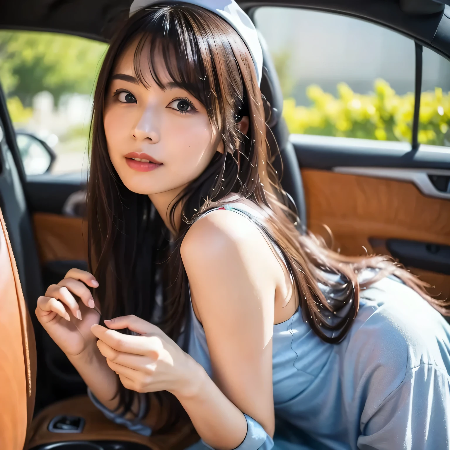 The weather is rainy, dark and cloudy., Realistic descriptions and ultra-high-definition photos, beautiful oriental woman, The inside of the big camping car is big., Filled with camping supplies, The atmosphere inside the car is lit by a single candle., The car is dark and lit by candles, A pretty woman is lying down wearing transparent pajamas and looking out the window of a camping car..A pretty girl's bra is slightly visible., I can see a little bit of my stomach too., Outside the car window is cloudy and dark..