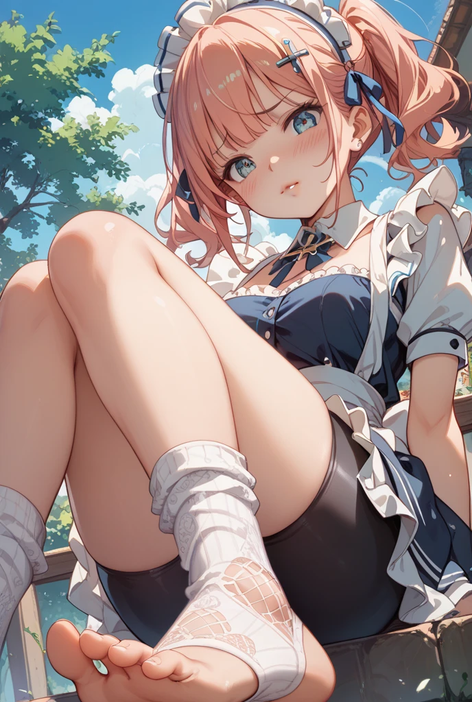 highest quality, One girl, alone, Very detailed, Large Breasts, behind, Open your mouth, Shoulder bag, Straps to be placed between the breasts, White knee socks, High heels, Handbags, White footwear, Center frill, meisho doto \(umamusume\) , swimsuit, Forward bend , looking at me , beach