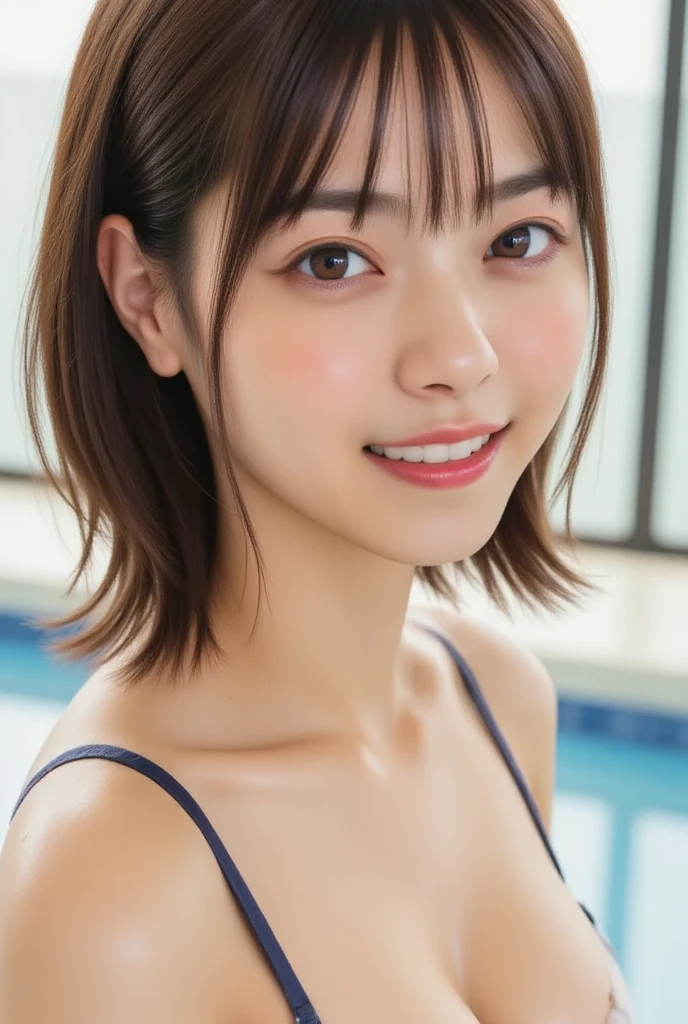 Poolside, Bright sunlight, Medium shot portrait of an idol in a swimsuit, Candid pose, Laughter, Realistic, Attention to detail, Vibrant colors、Raise your arms to show your sides