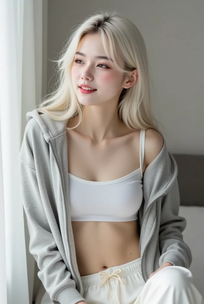 (best quality,8k,HDR,ultra-detailed,masterpiece,photorealistic,cinematic lighting),(1girl),(face:1.2),(eyes:1.3),(lips:1.2),(eyelashes:1.2),(beautiful detailed eyes,beautiful detailed lips,extremely detailed eyes and face,long eyelashes),(blonde hair),(16 year old girl),(athletic build),(laying on a sofa),( white jacket),(black sport shorts),(dynamic brushstrokes),(capturing the essence of her athleticism and energy),(light colors),(soft tones),(realistic atmosphere),(smiling gently),(front view),(perfect abs),(fit body),(cute smile),(braless),(70 sized chest),(small butt),(topless),(bare chest)